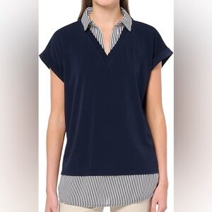 Adrianna Papell Solid Knit Twofer Printed Stripes Short Sleeve Tunic Top NWT